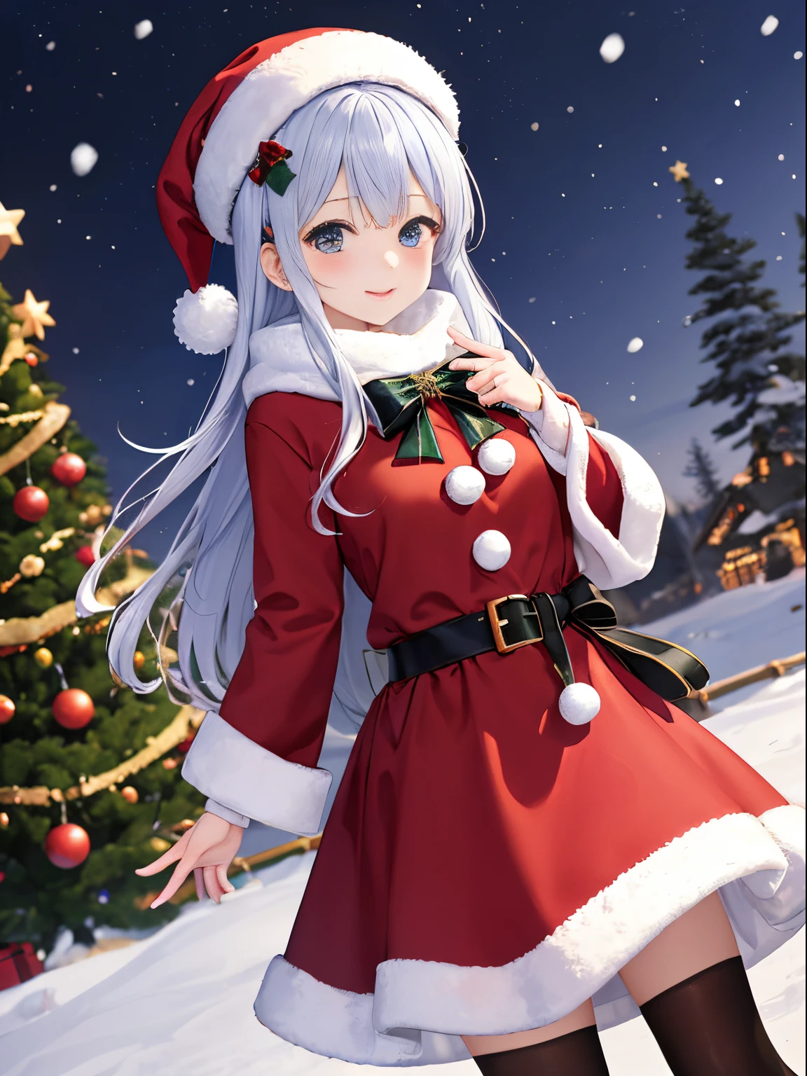 girl 、(external，Blizzard、blanketed in a mantle of snow)，background travel、Pink long hair girl、beret、bow ribbon、christmas、Christmas tree，Exhibited、santa、Red dress、kawaii