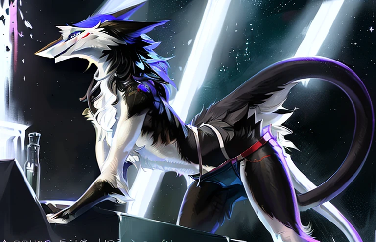 A solo sergal standing  ((black and white)) ((female) (anthro) ([sergal])), hi res, at a club, soft shading, (detailed fur: 1.1), happy looking, (male), (solo: 1.1), ),, tail raised, ((beautiful) eyes: 1.1), (detailed eyes: 1.1), (detailed), (masterpiece: 1.2), (athletic), good anatomy, bent over, (by Kenket), by Ross Tran, by Michael & Inessa Garmash, by Pino Daeni, by Kiguri,  by Alena Aenami, by Ruan Jia,jock strap,bulge,