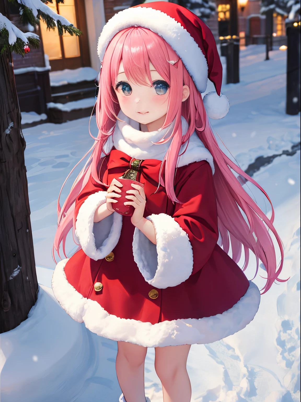 girl 、(external，Blizzard、blanketed in a mantle of snow)，background travel、Pink long hair girl、beret、bow ribbon、christmas、Christmas tree，Exhibited、santa、Red dress、kawaii