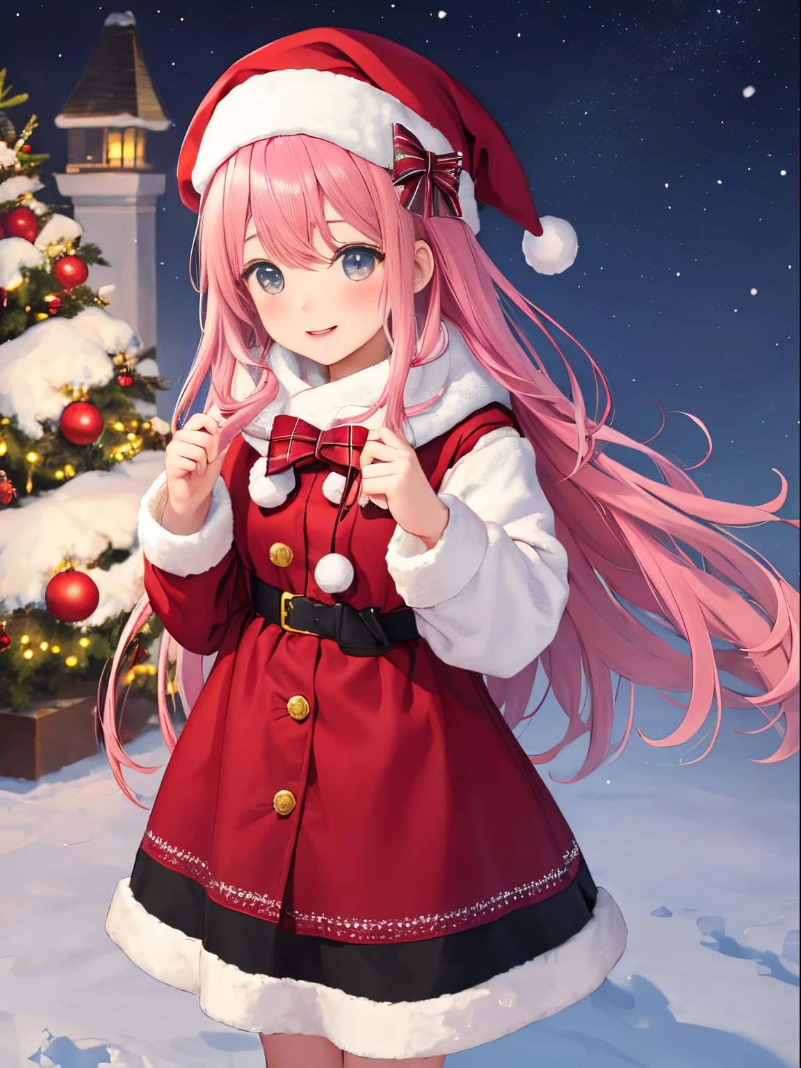 girl 、(external，Blizzard、blanketed in a mantle of snow)，background travel、Pink long hair girl、beret、bow ribbon、christmas、Christmas tree，Exhibited、santa、Red dress、kawaii