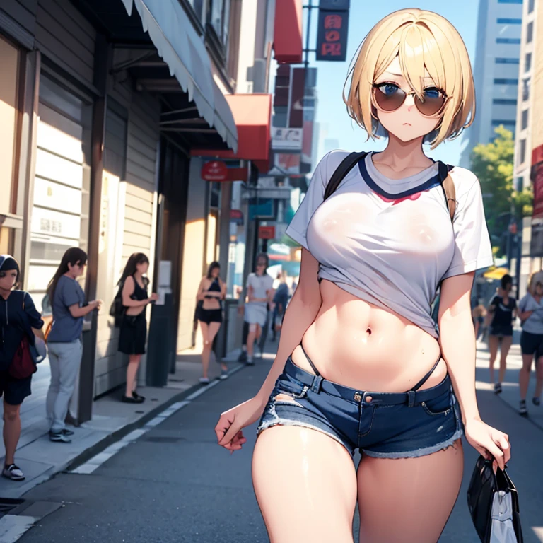 2D Anime Style、Blue eyes、breasts are slightly larger、A cool adult woman with short blonde hair is walking around the city with a cool expression, Wearing tops that show your stomach, Shorts, and sunglasses.
