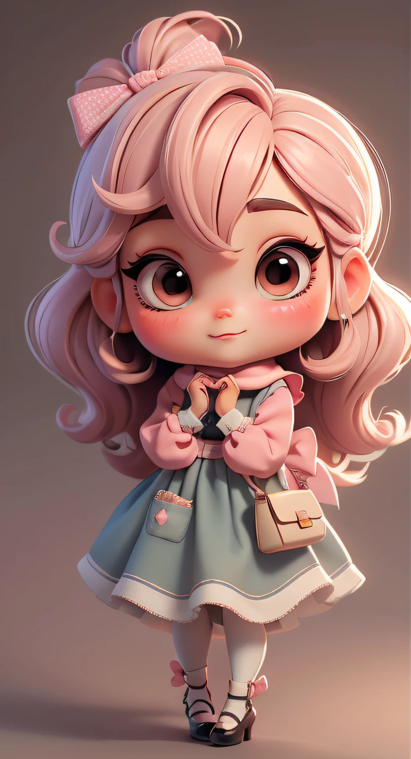 Create chibi-style doll outfits with a cute and chic retro theme., Each piece features a wealth of detail and 8K resolution.. All dolls must follow the same complete and stable background pattern in the image., program (full bodyesbian, including legs: 1.5)
Witch's Apprentice Doll: Call her Mia.. She must have medium wavy brown hair.. Your eyes should be big and curious., It has long eyelashes and slightly pink cheeks.. Mia should wear sophisticated clothes,Exquisite and beautiful polka dot bow shirt.. She must be holding exquisite and exquisite jewelry.. Add a bag to an apron、Scarves and other details,Make your apron look more charming., Nice shoes don’t forget to add shadows., Texture and detail of hair, The clothes ar, beautiful appliances, make them cuter、More fascinating..