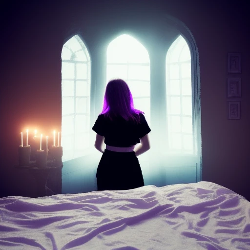 Shadow monsters with red eyes overlooking Chubby young woman with purple hair and plumb breasts and buttocks, tangled in bed sheets, beautiful face, photo realistic, pale skin, dimly lit, moonlight through the window highlights her buttocks and breasts, she has a scared expression while she is sleeping, tiny waist, pouty lips, cinematic, bokeh, scary, castle setting, bedroom, dungeon, candle light, stone floor, depth of field
