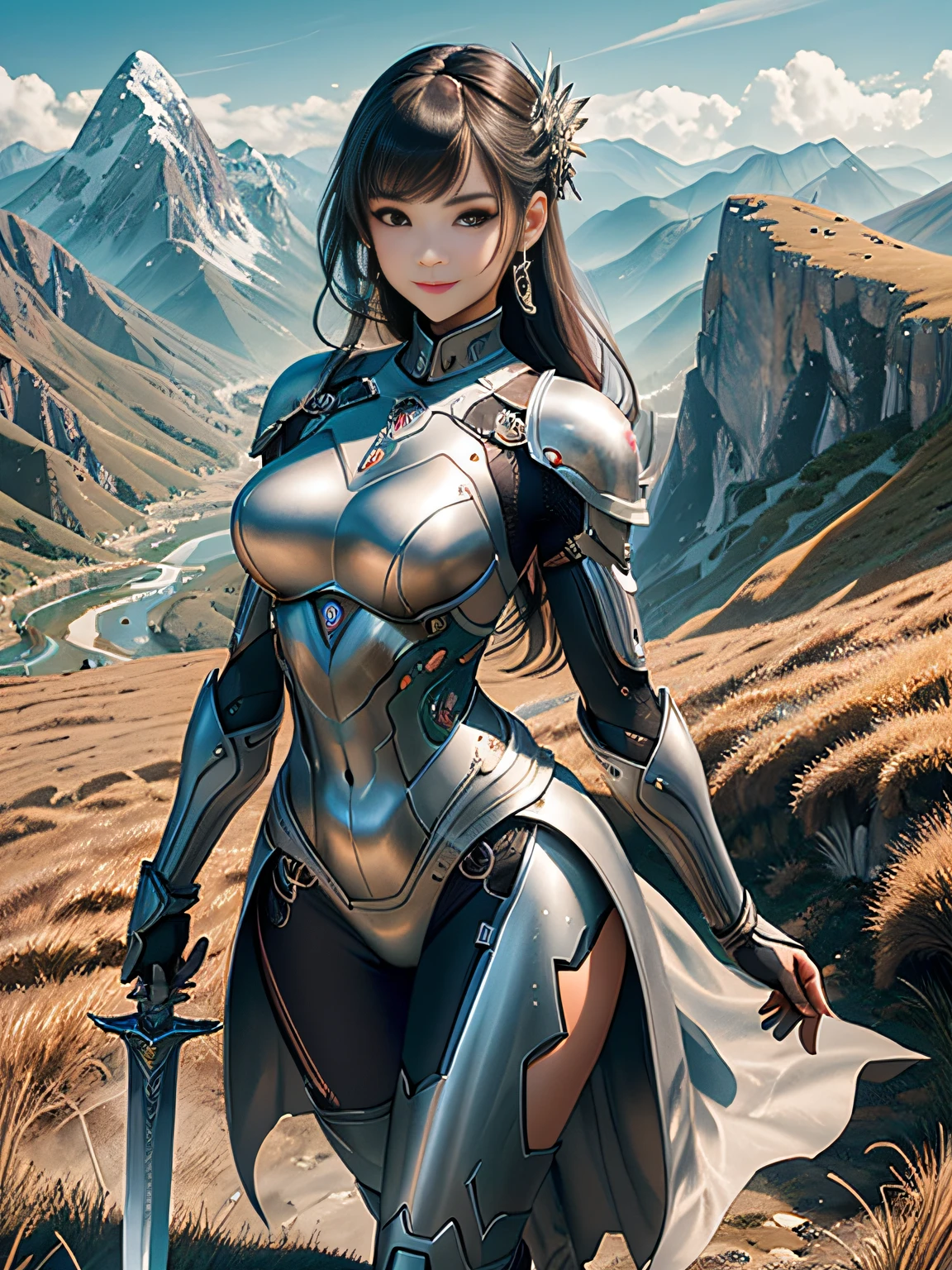 "Complete art masterpiece, high quality, ultra detailed in 4k, 8k, high resolution, hyper-realistic photo, hyper-detailed, realistic skin texture, amazing shadows, extremely detailed texture, perfect lighting, high-level image quality." A female heroine, (Fair skin, brown hair, chinese, outlined eyes, outlined face, gloves, thin body), wearing a one-piece high tech armor, exploring an allien planet, high detailed giant waterfall