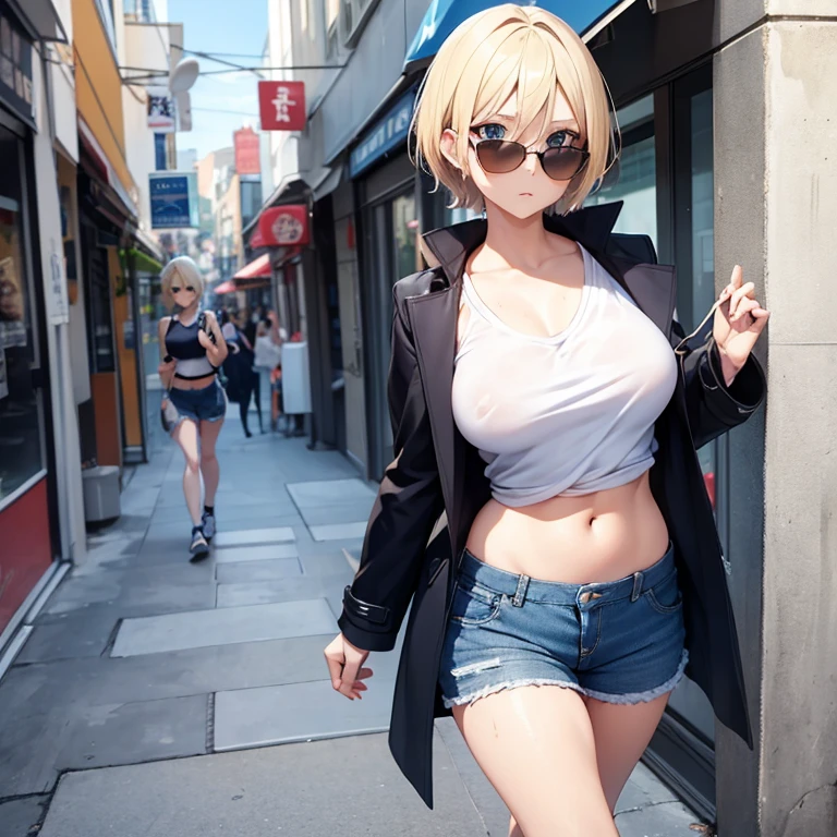 2D Anime Style、Blue eyes、breasts are slightly larger、A cool adult woman with short blonde hair is walking around the city with a cool expression, Wear tops that show your stomach, coat,Shorts, and sunglasses.