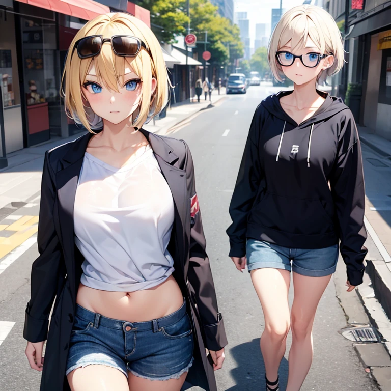 2D Anime Style、Blue eyes、breasts are slightly larger、A cool adult woman with short blonde hair is walking around the city with a cool expression, Wear tops that show your stomach, coat,Shorts, and sunglasses.