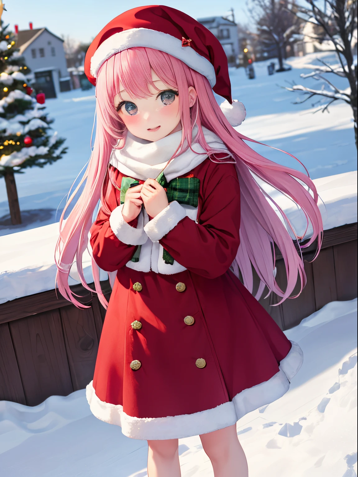 girl 、(external,Blizzard、blanketed in a mantle of snow),background travel、Pink long hair girl、beret、bow ribbon、christmas、Christmas tree,Exhibited、santa、Red dress、kawaii