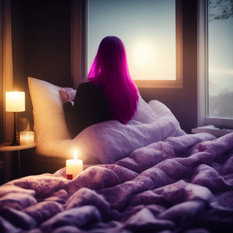 Shadow monsters with red eyes haunting Chubby young woman with purple hair and plumb breasts and buttocks, tangled in bed sheets, beautiful face, photo realistic, pale skin, dimly lit, moonlight through the window highlights her buttocks and breasts, she has a scared expression while she is sleeping, tiny waist, pouty lips, cinematic, bokeh, scary, castle setting, bedroom, dungeon, candle light, stone floor, depth of field