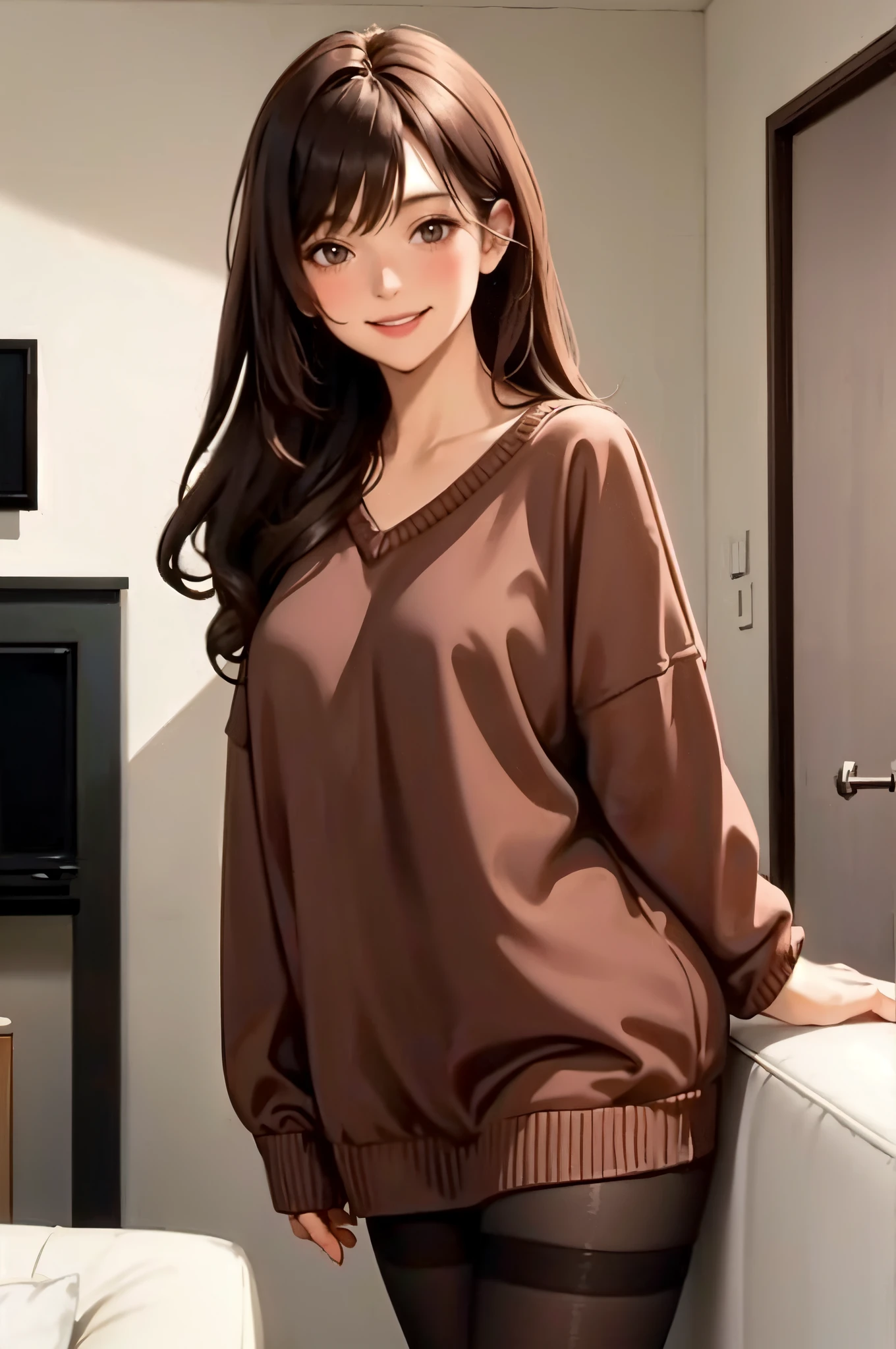 1lady standing, /(oversized sweater/) v-neck, mature female, /(brown hair/) bangs, blush kind smile, (masterpiece best quality:1.2) delicate illustration ultra-detailed, medium breasts pantyhose BREAK /(modern house living room/) indoors