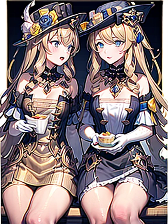 Masterpiece, Best Quality, 2girls, Klonde, Navia, sitting at a table, holding desserts in their hands
