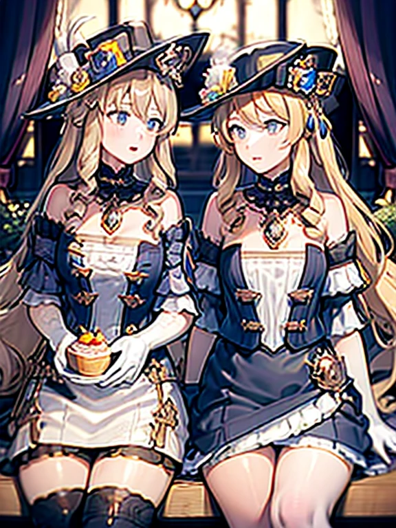 Masterpiece, Best Quality, 2girls, Klonde, Navia, sitting at a table, holding desserts in their hands