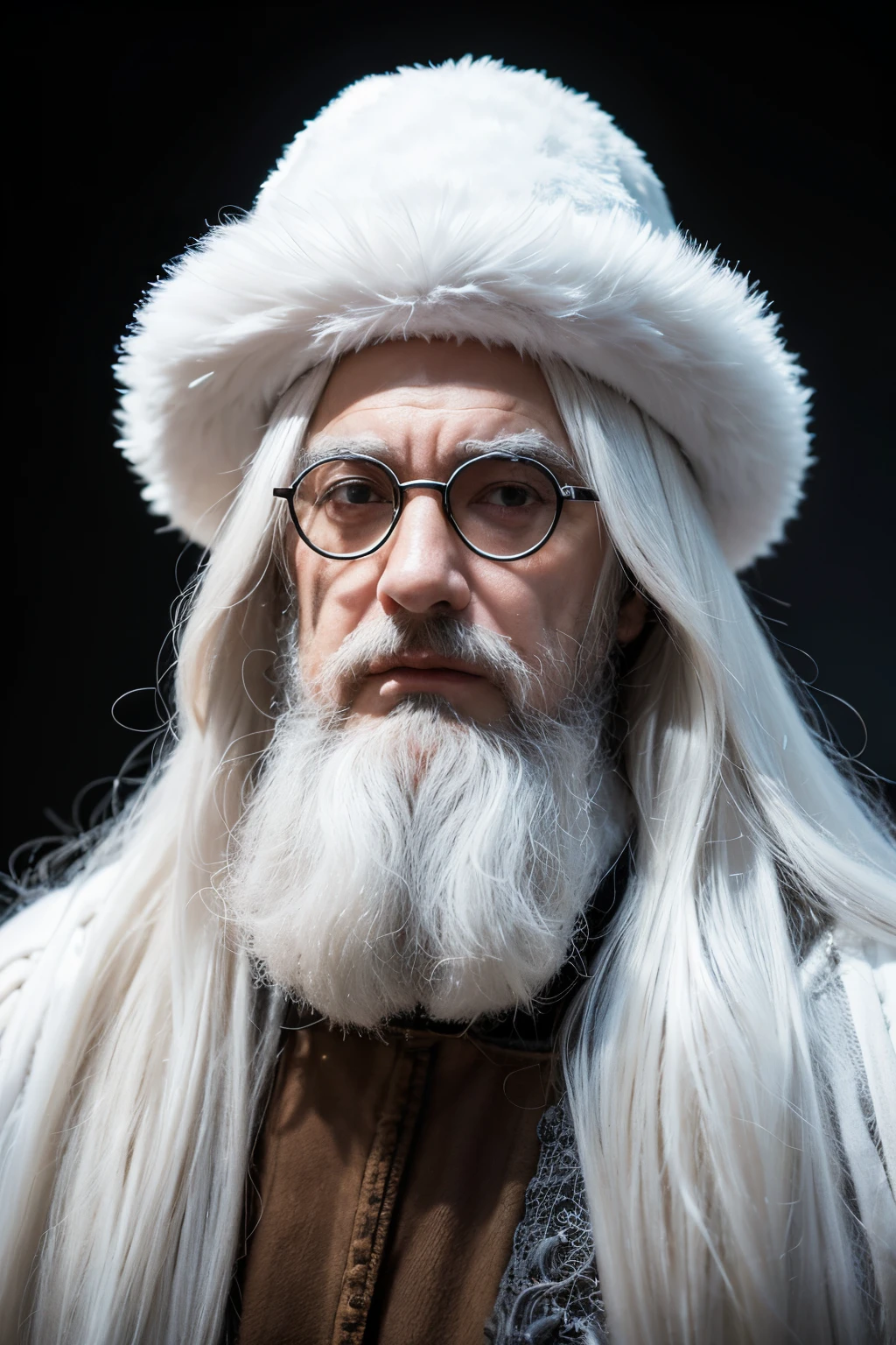 white hair, huge afro, wizard hat, bespectacled, empty eyes, facial hair, lonely, kubrick stare, character chart, first-person view, cinematic lighting, Surrealism, UHD, 16k