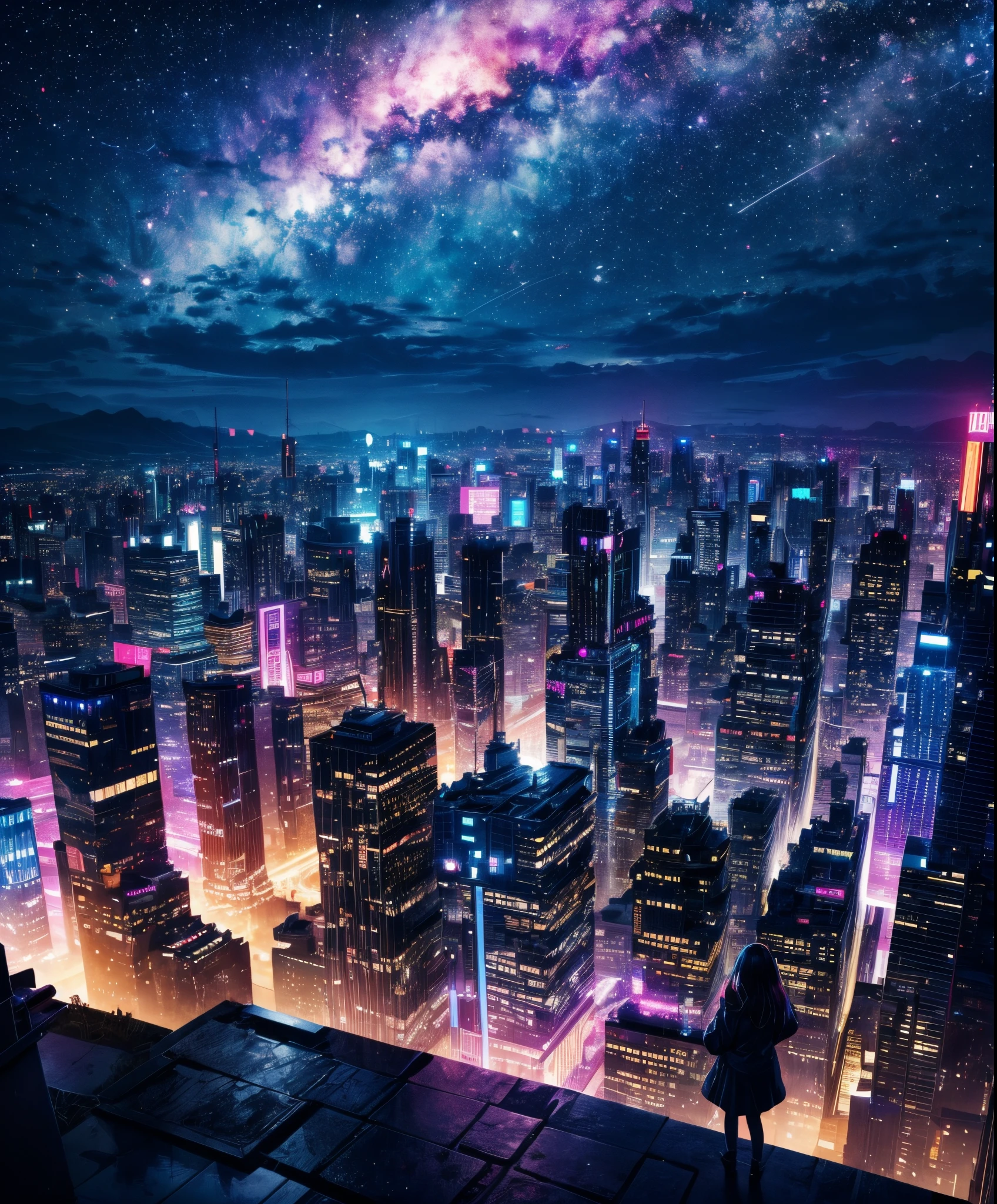 Cute girl characters、 Night view from a high place、Drawing a large number of skyscrapers, Looking up at the starry sky. Surround her with colorful nebulae and colorful metropolis.