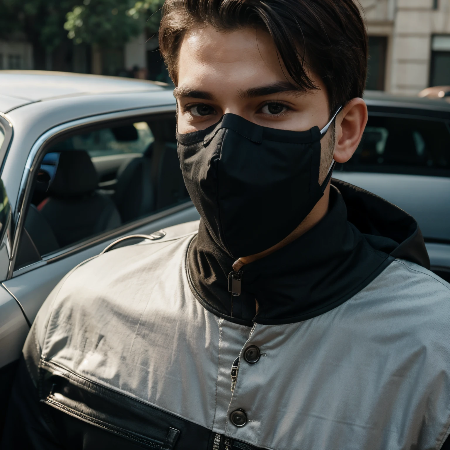Best quality, 4K picture quality, boy with mask, wealthy background , car