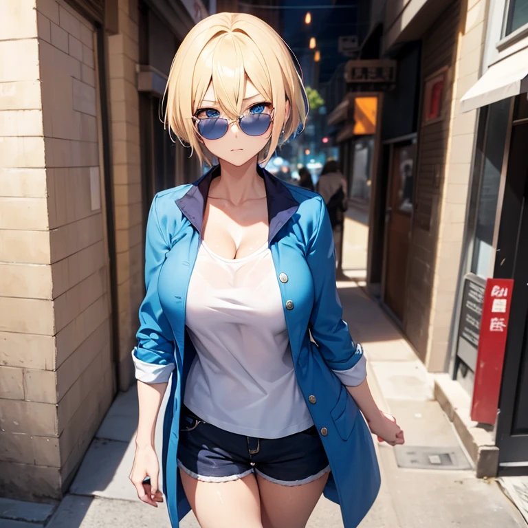 2D Anime Style、Blue eyes、breasts are slightly larger、A cool adult woman with short blonde hair is walking around the city with a cool expression, Wear tops that show cleavage, coat,Shorts, and sunglasses.