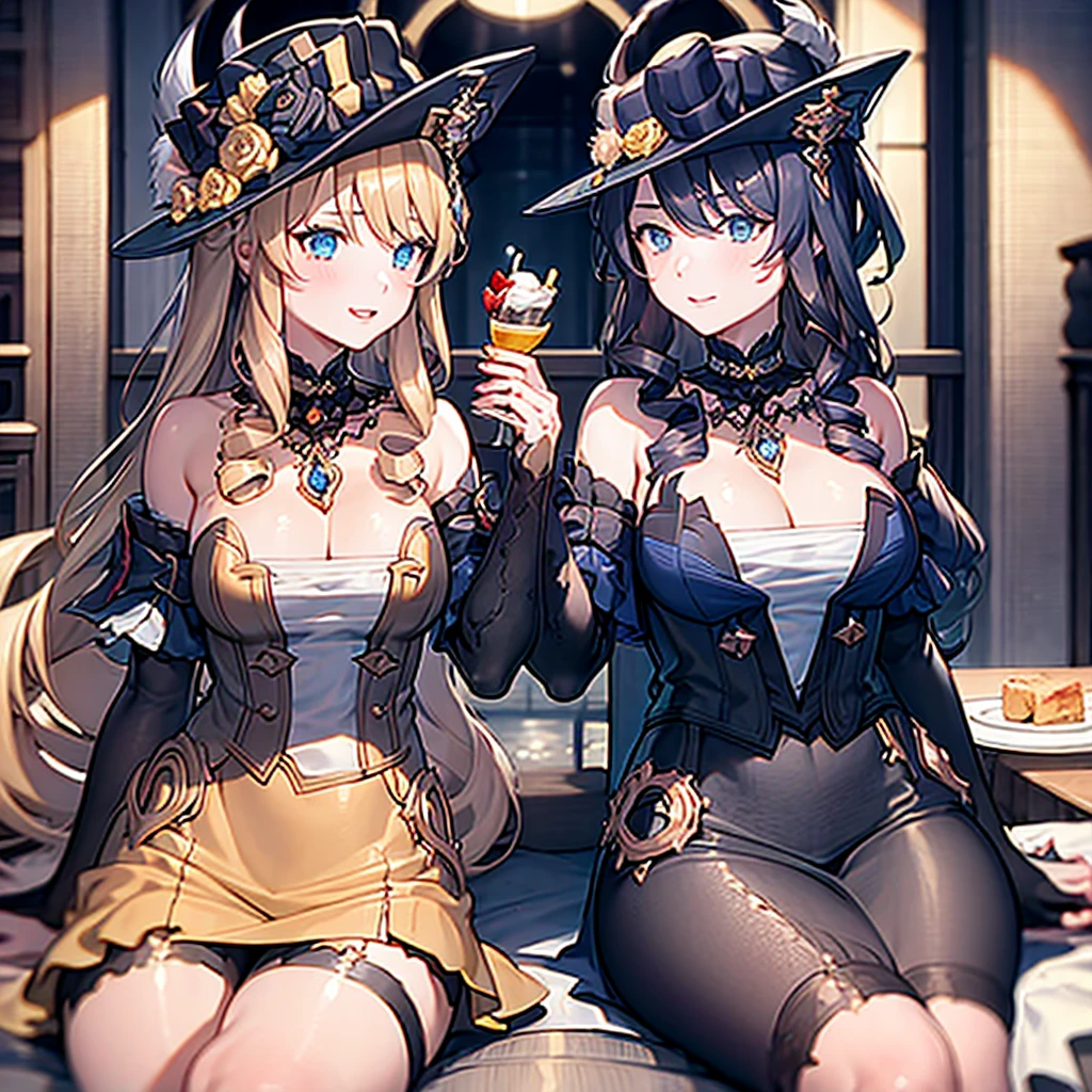 Masterpiece, Best Quality, 2girls, Klonde, Navia, sitting at a table, holding desserts in their hands