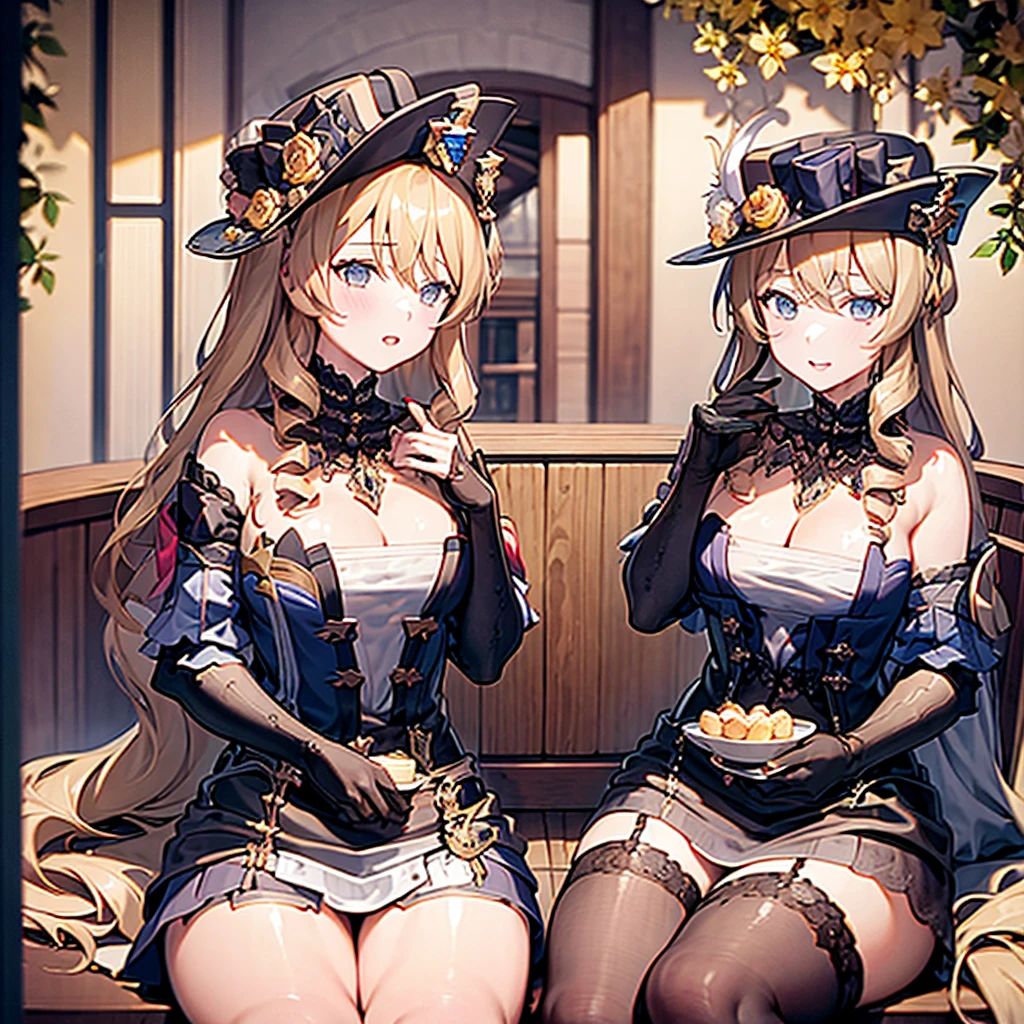 Masterpiece, Best Quality, 2girls, Klonde, Navia, sitting at a table, holding desserts in their hands