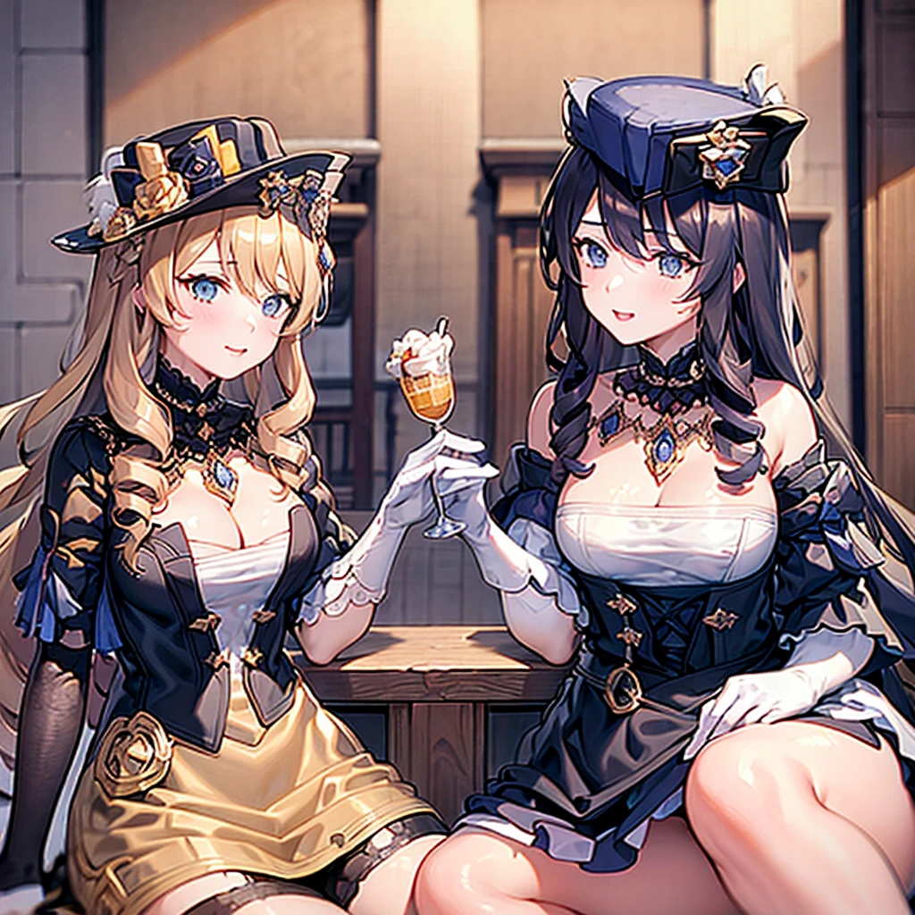 Masterpiece, Best Quality, 2girls, Klonde, Navia, sitting at a table, holding desserts in their hands