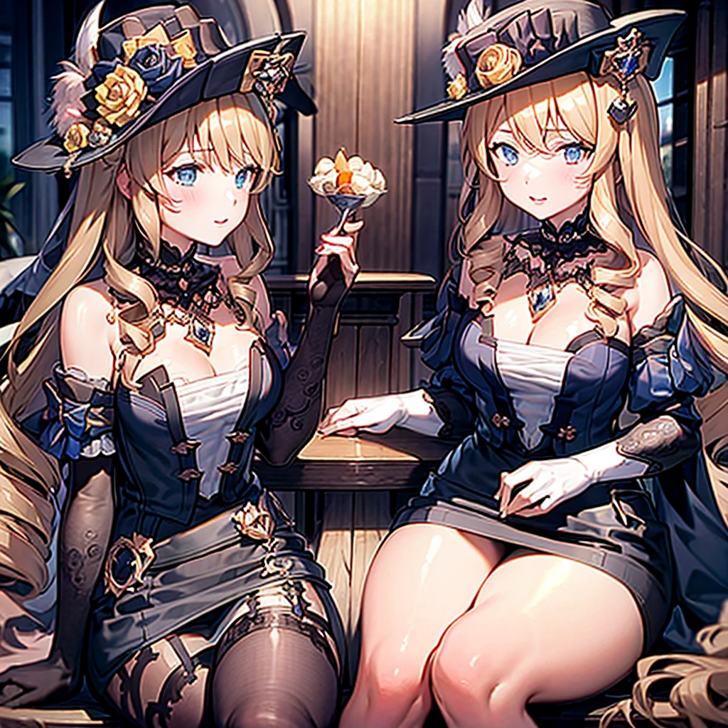 Masterpiece, Best Quality, 2girls, Klonde, Navia, sitting at a table, holding desserts in their hands