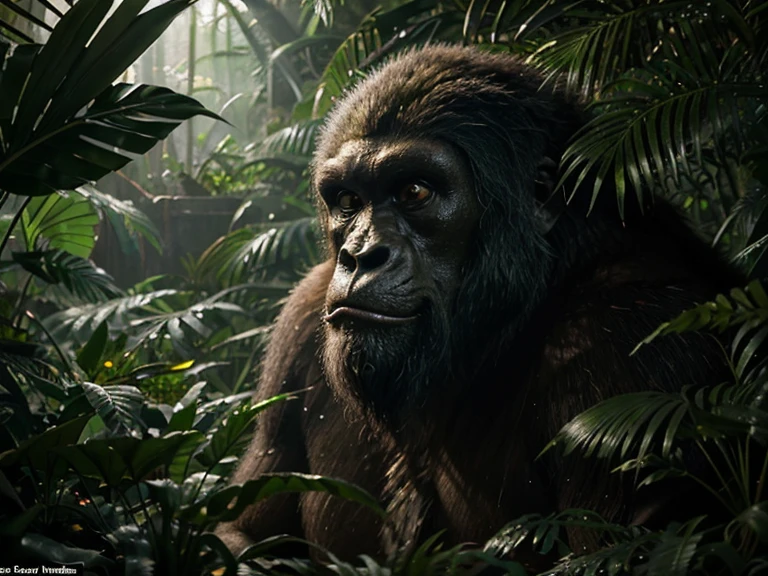 Got it! I'll generate an AI art description based on your prompt:
Create a captivating AI-generated artwork featuring King Kong in a dense jungle setting. Emphasize a cinematic atmosphere with dramatic lighting, casting shadows through the thick foliage. Give King Kong a powerful and majestic presence, with detailed furry hair adding a sense of realism and texture to the scene. The overall mood should be dense and mysterious, enhancing the feeling of being immersed in a lush and untamed environment. Use a color palette that complements the jungle setting, and consider incorporating subtle details like mist or rays of light to enhance the cinematic ambiance.