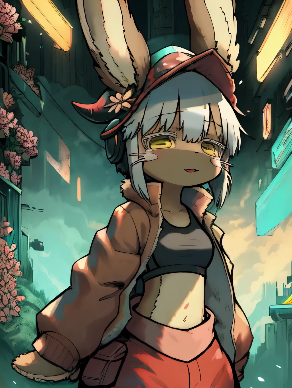 nanachi \(made in abyss\), nanachipants, nanachihat, in a cyberpunk city, shiny splastic bomber jacket, flowers, brown fur body, big brown ears, white sports bra