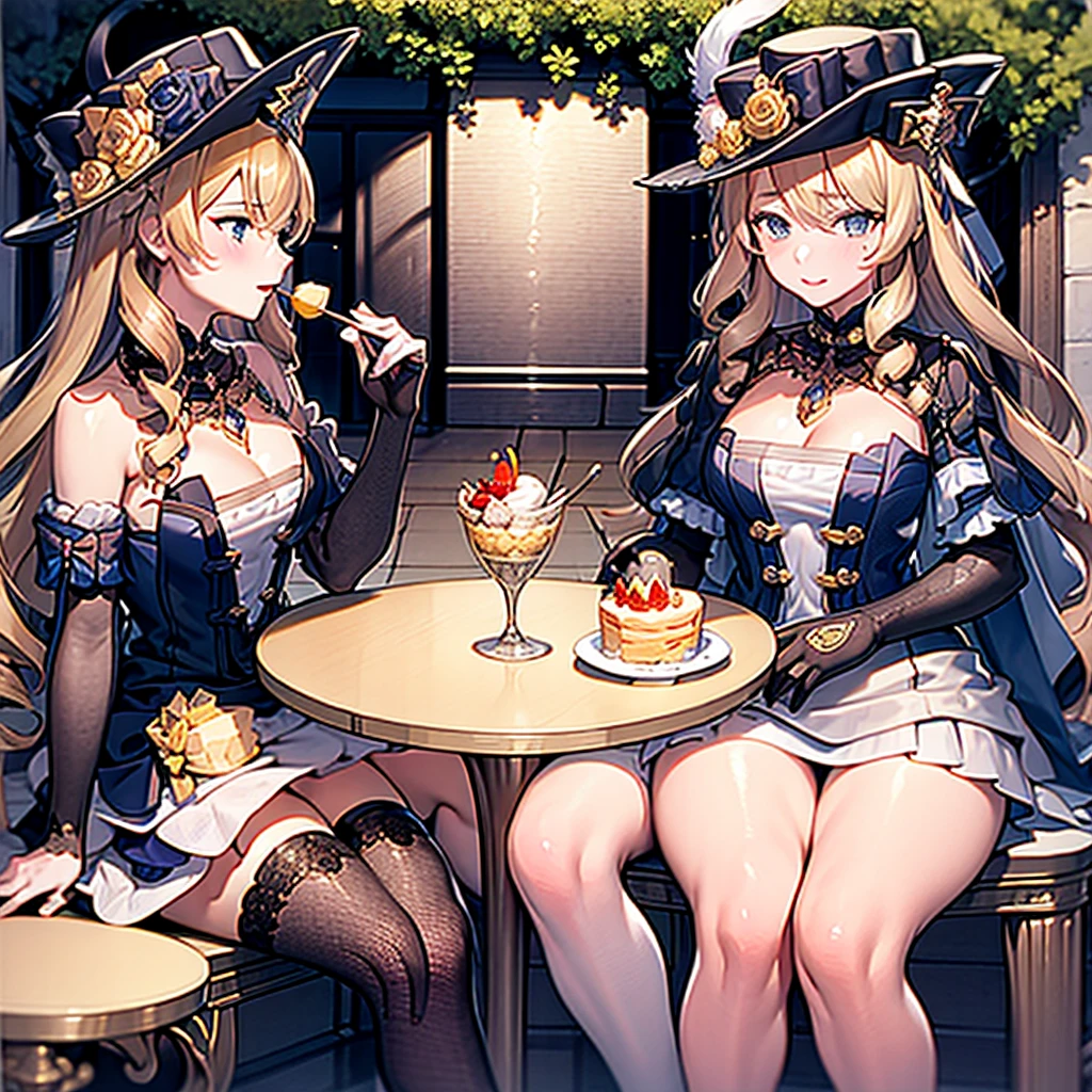 Masterpiece, Best Quality, 2girls, blonde woman, Navia, sitting at a table, holding desserts in their hands