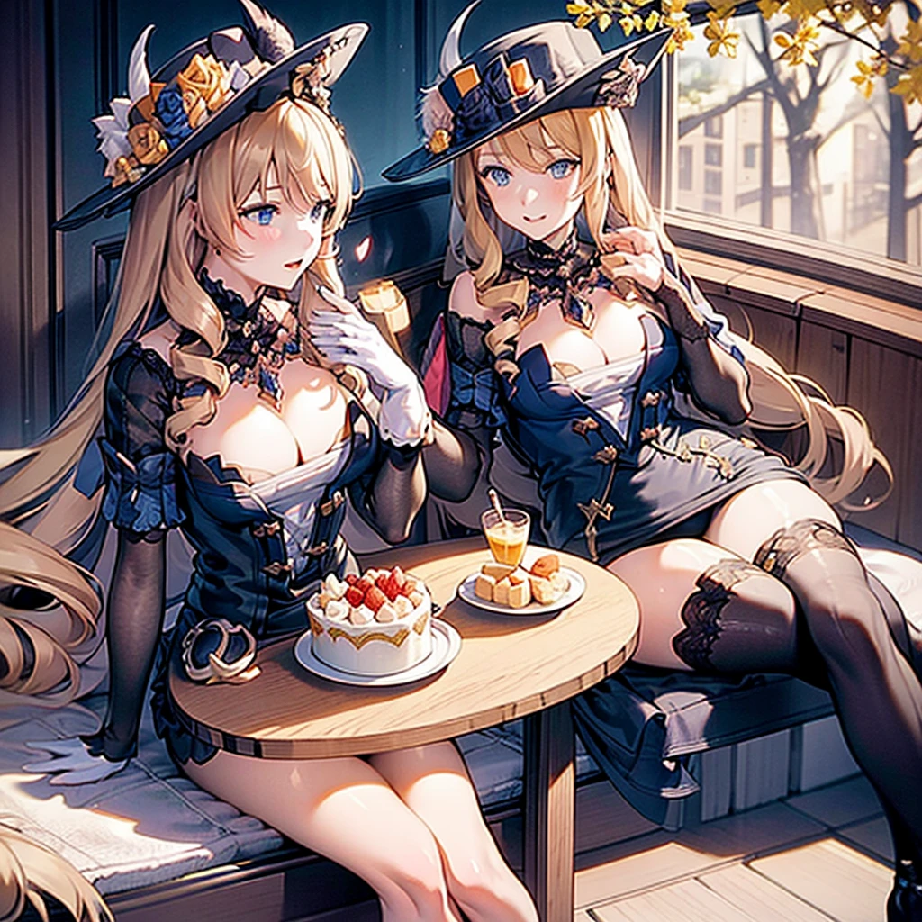 Masterpiece, Best Quality, 2girls, blonde woman, Navia, sitting at a table, holding desserts in their hands