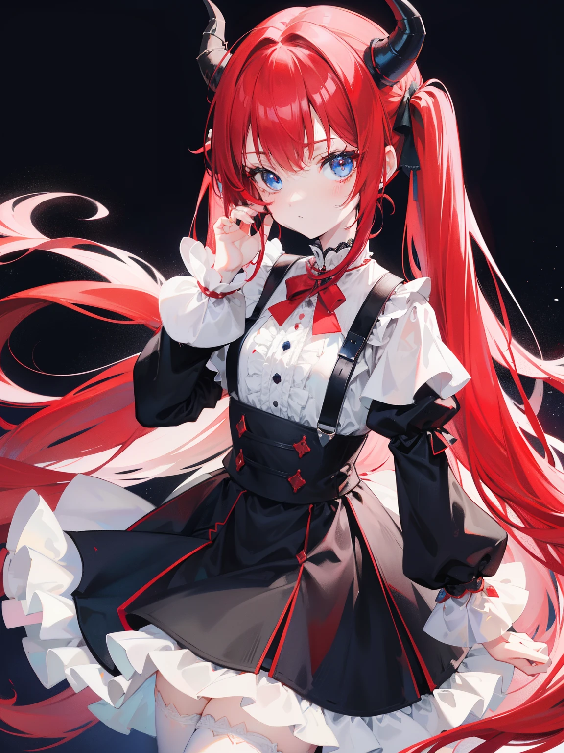 red hair,blue eyes,twintails, long hair, long sleeves, gothic, solo, loli,Short skirt, white stockings,{{best quality}}, {{masterpiece}}, {{ultra-detailed}}, {illustration}, {detailed light}, {an extremely delicate and beautiful},little girl,cute,dragon horns