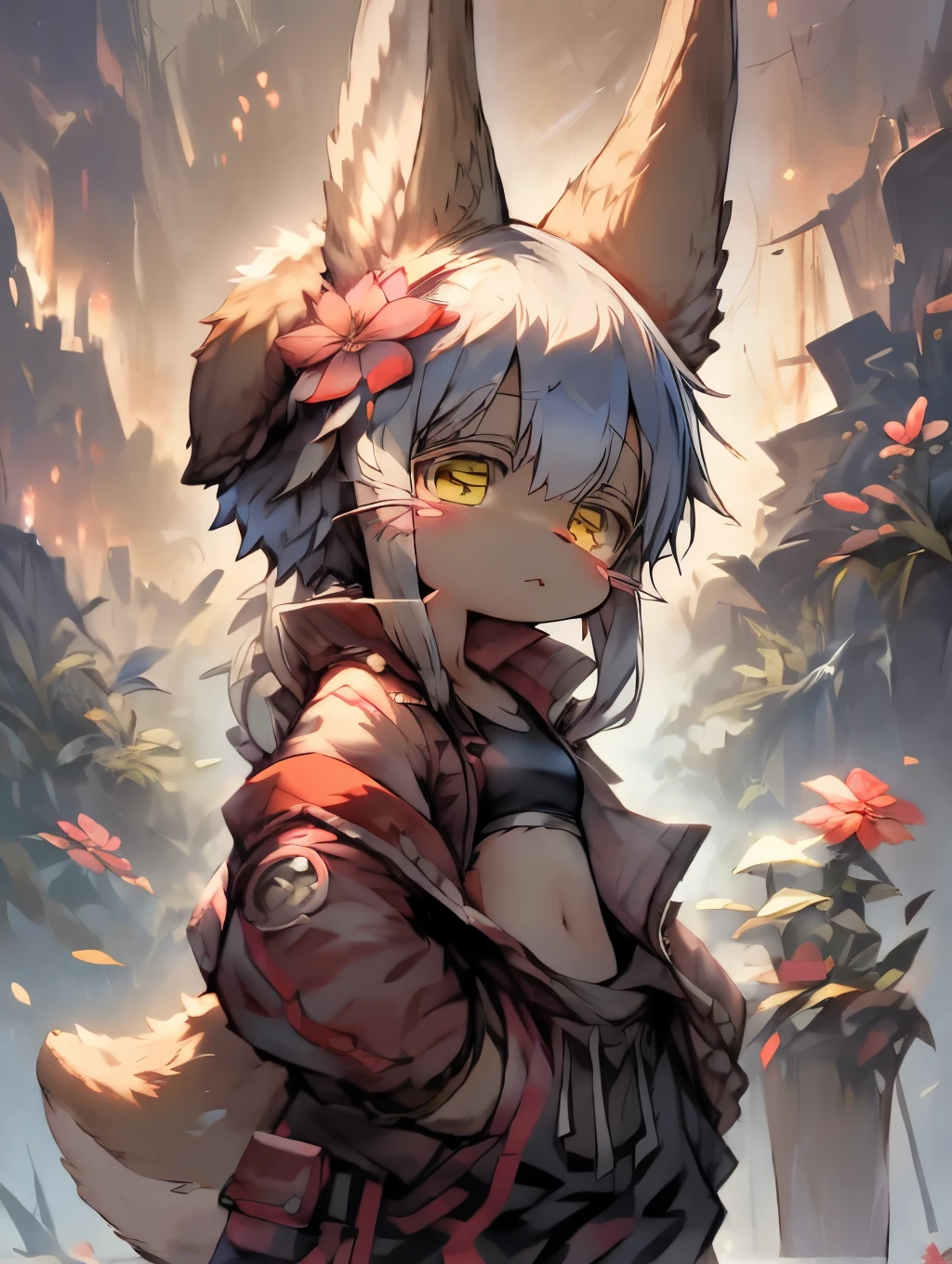 nanachi \(made in abyss\), nanachipants, nanachihat, in a cyberpunk city, shiny splastic bomber jacket, flowers, brown fur body, big brown ears, white sports bra，Cute and detailed digital art, Very very beautiful furry art, Detailed fanart, high-quality wallpaper,  furry fantasy art, Popular topics on artstation pixiv,