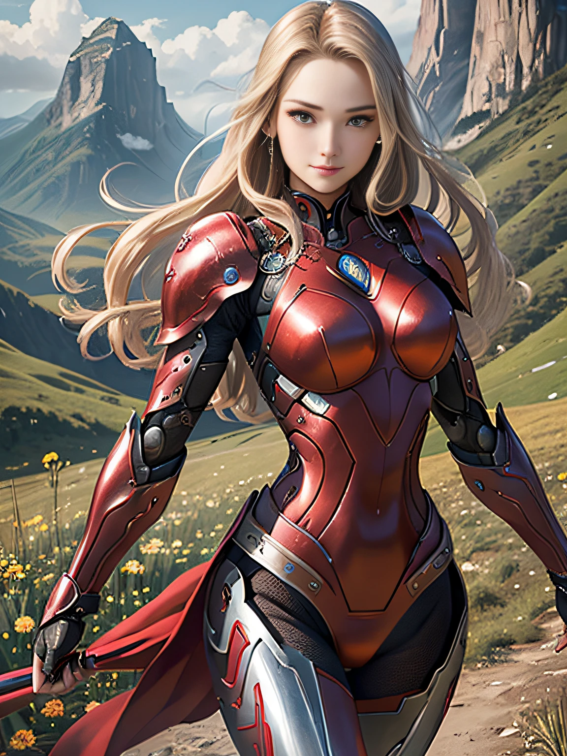 超A high resolution、An ultra-high picture quality、8K、Detailed details、marvelous expression、girl of steel、Cyborg girl、slender physique、long blonde hair、wearing red metal armor、With a big sword、Run briskly、Pretty smile、mountain meadow landscape