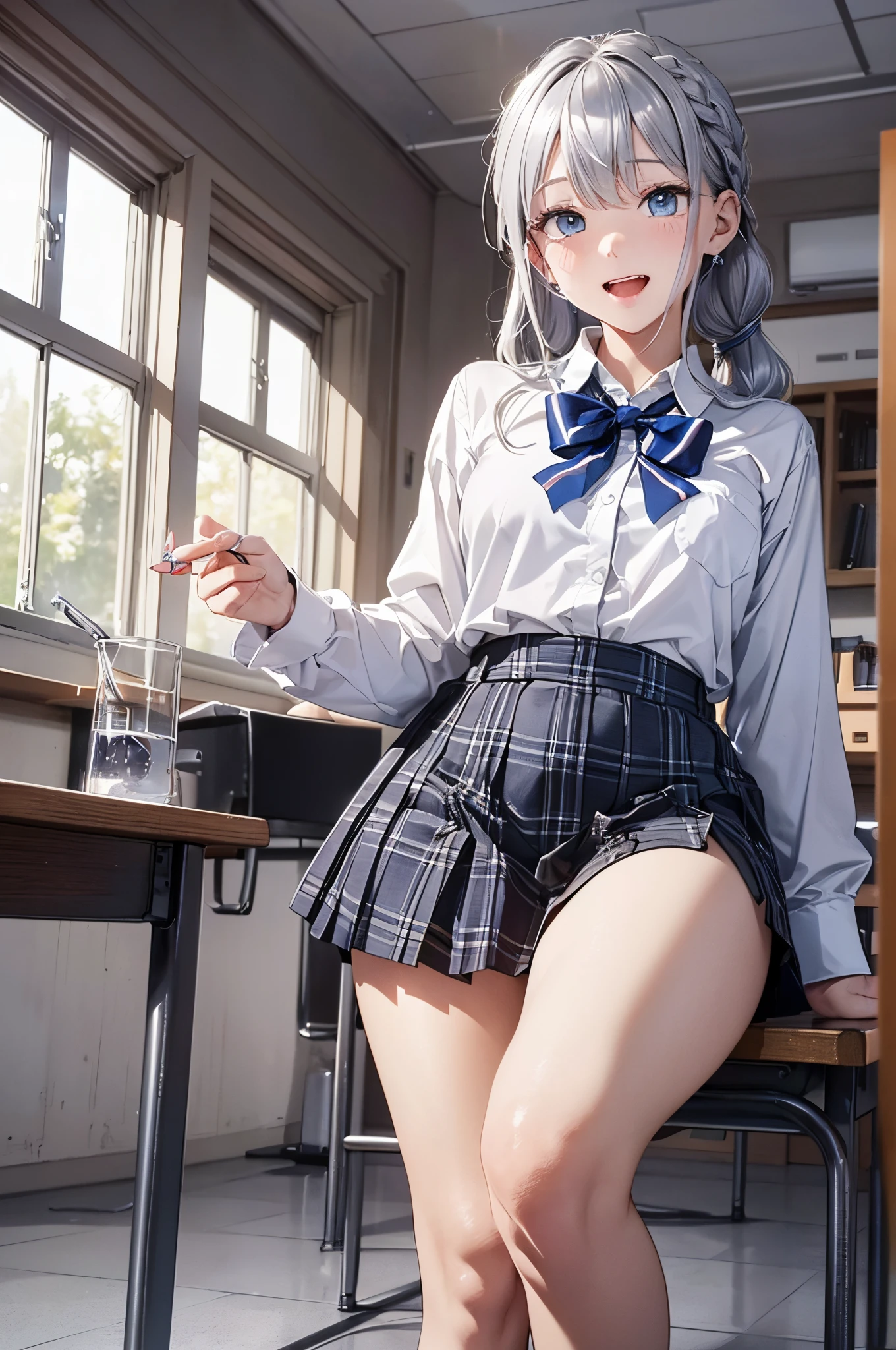 (Official art、Best Quality、Unity 8k Wallpapers、32K、masterpiece、ultra-detailliert、超A high resolution、realisitic、Photorealsitic:1.2)、(Cinematic lighting:1.2)、(Full body)、Realistic pupils、Sharp pupils、foco nítido、in a house、Inside the classroom、(Self-filling appearance:1.2)、I opened my mouth a little、burst into laughter、(braided ponytails、Silvery beautiful hair、Ice blue eyes)、thighs thighs thighs thighs、blazers、white shirt、a bow tie、plaid skirts、high socks