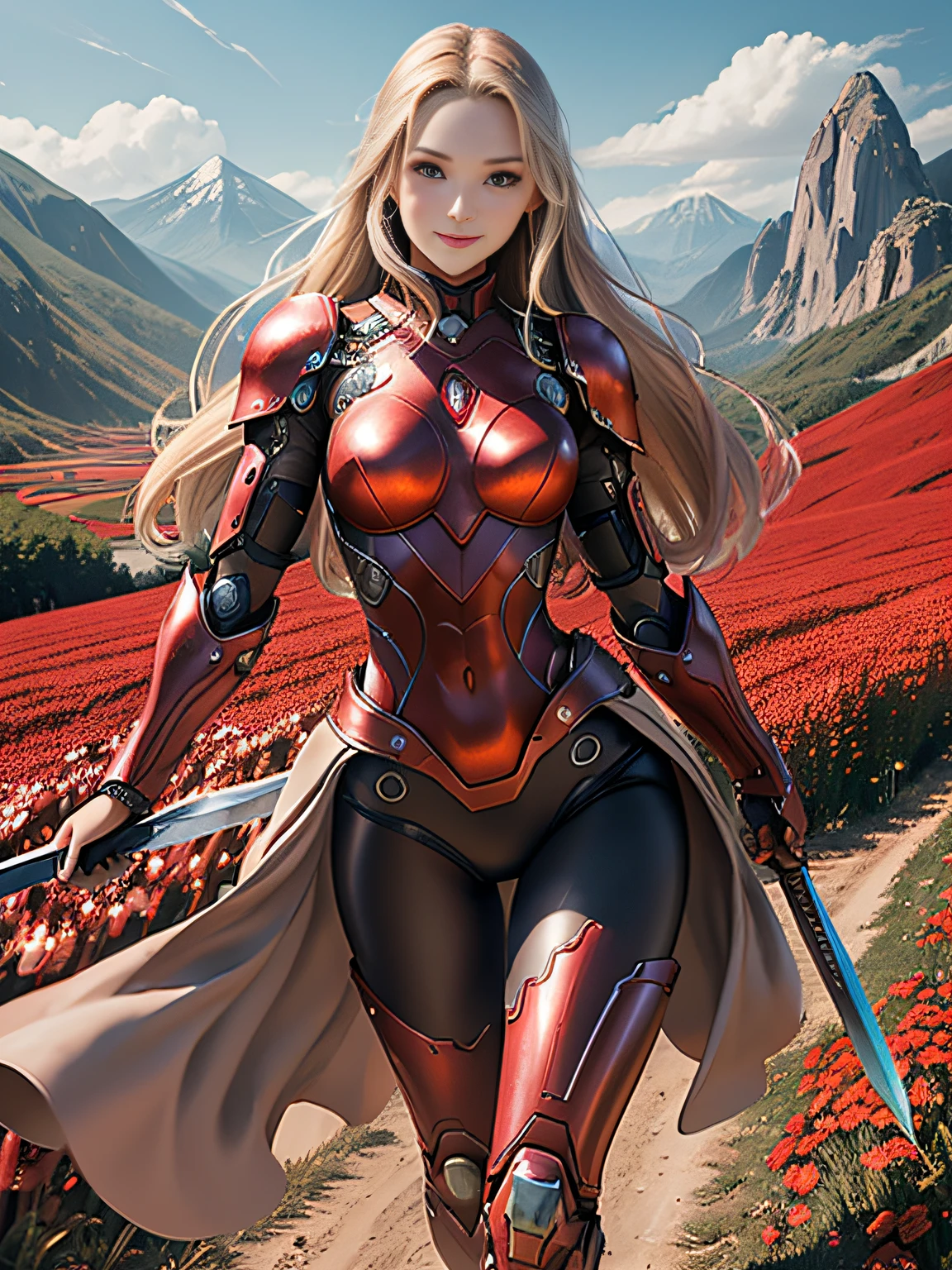 超A high resolution、An ultra-high picture quality、8K、Detailed details、marvelous expression、girl of steel、Cyborg girl、slender physique、long blonde hair、wearing red metal armor、With a big sword、Run briskly、Pretty smile、mountain meadow landscape