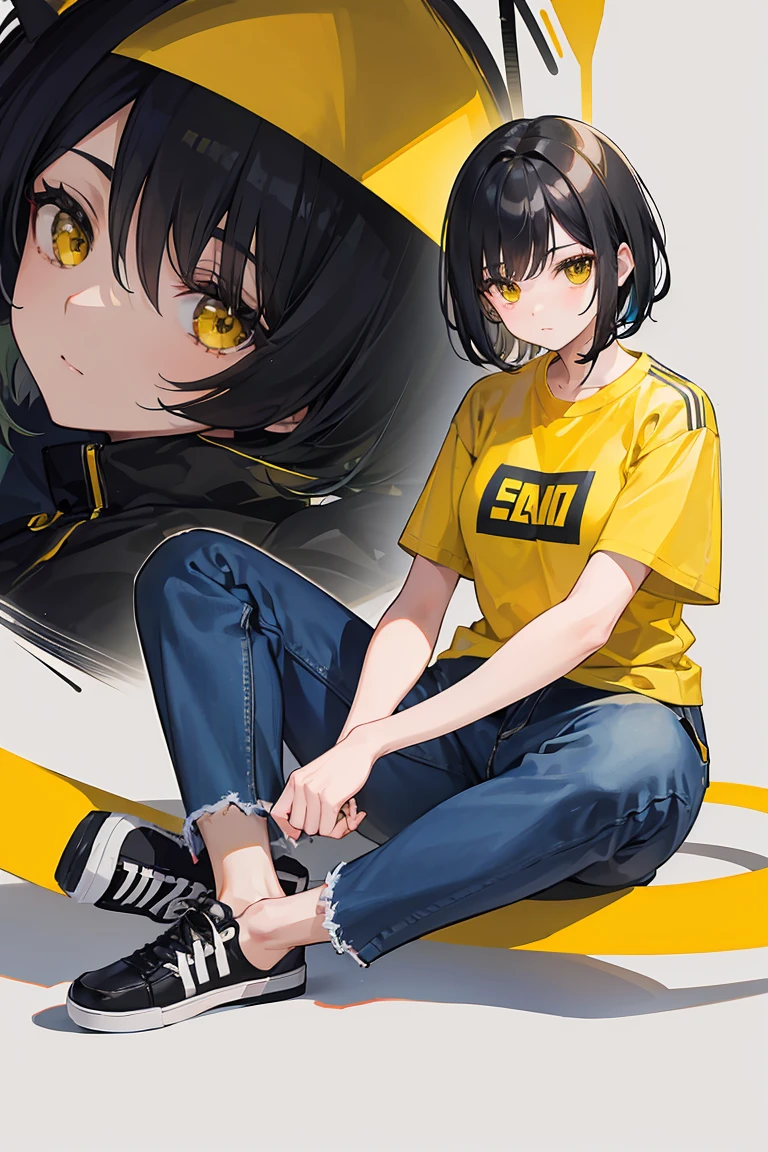 a woman who looks like a man, short black hair, yellow shirt, jeans, black sneakers