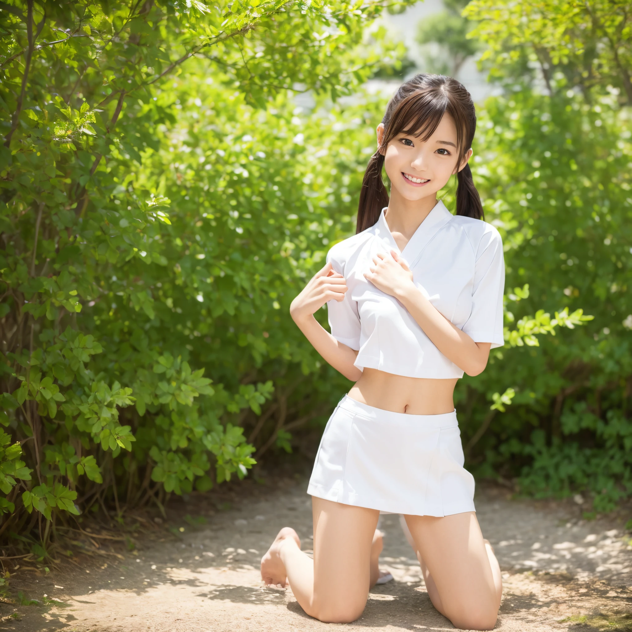 (Photorealsitic)(sixteen years old), Pretty Woman, (Full body 8K portrait), 1 girl in, White Karate Uniform, White karate pants, Large bust,Stand alone, Large and dynamic hand and foot movements, Stick out your fist, Make a high side kick, Correct skeleton, Perfect facial detail, (Smile: 1.15), attractive beautiful face, gazing at viewer, a small face, 二重まぶた, Beautiful detailed eyes, long eyeslashes, ligh brown hair, poneyTail, Toned waist, Beautiful thin legs, toned ankles, bare-legged ,TOKYOcty, the background is green, no nsfw