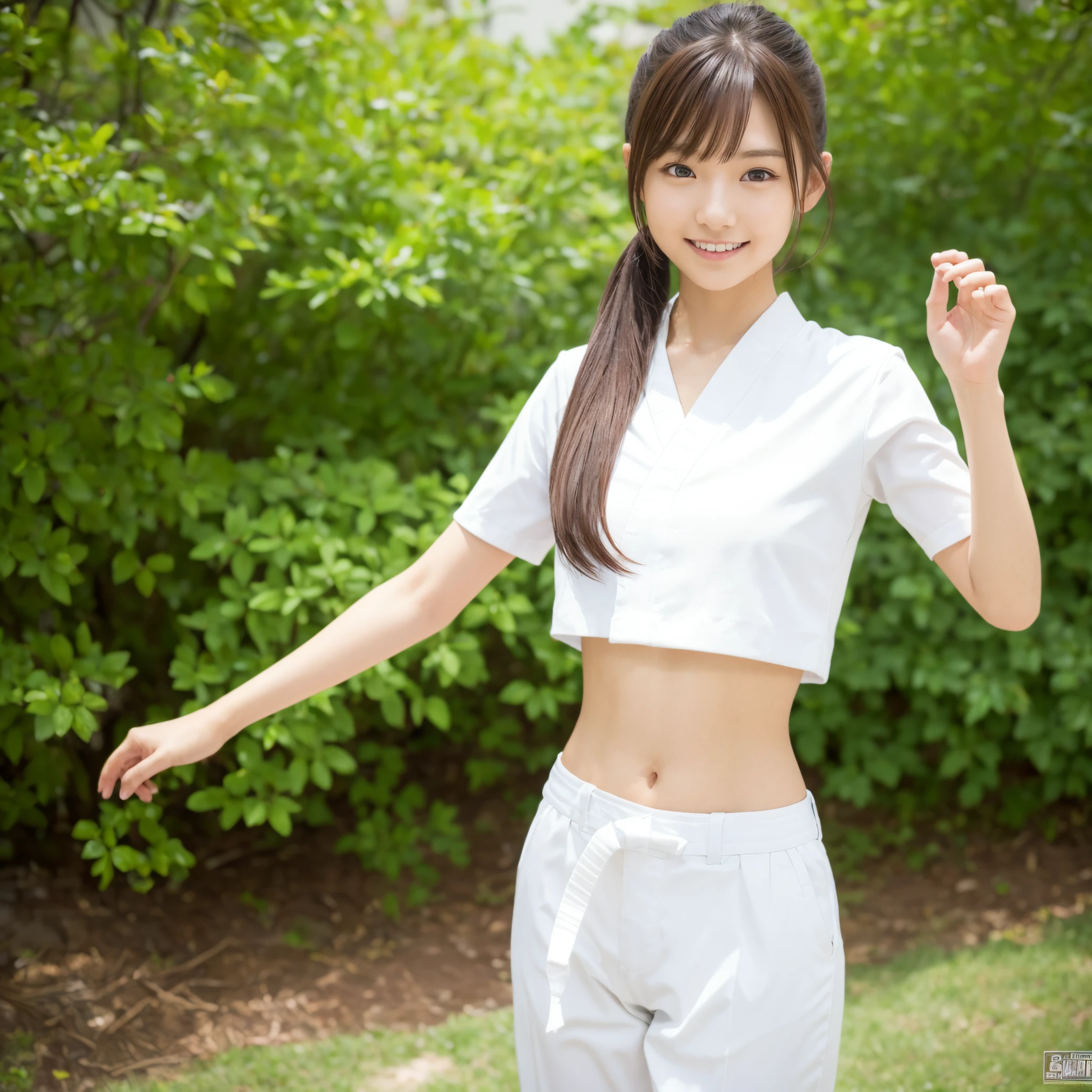 (Photorealsitic)(), Pretty Woman, (Full body 8K portrait), 1 girl in, White Karate Uniform, White karate pants, Large bust,Stand alone, Large and dynamic hand and foot movements, Stick out your fist, Make a high side kick, Correct skeleton, Perfect facial detail, (Smile: 1.15), attractive beautiful face, gazing at viewer, a small face, 二重まぶた, Beautiful detailed eyes, long eyeslashes, ligh brown hair, poneyTail, Toned waist, Beautiful thin legs, toned ankles, bare-legged ,TOKYOcty, the background is green, no nsfw