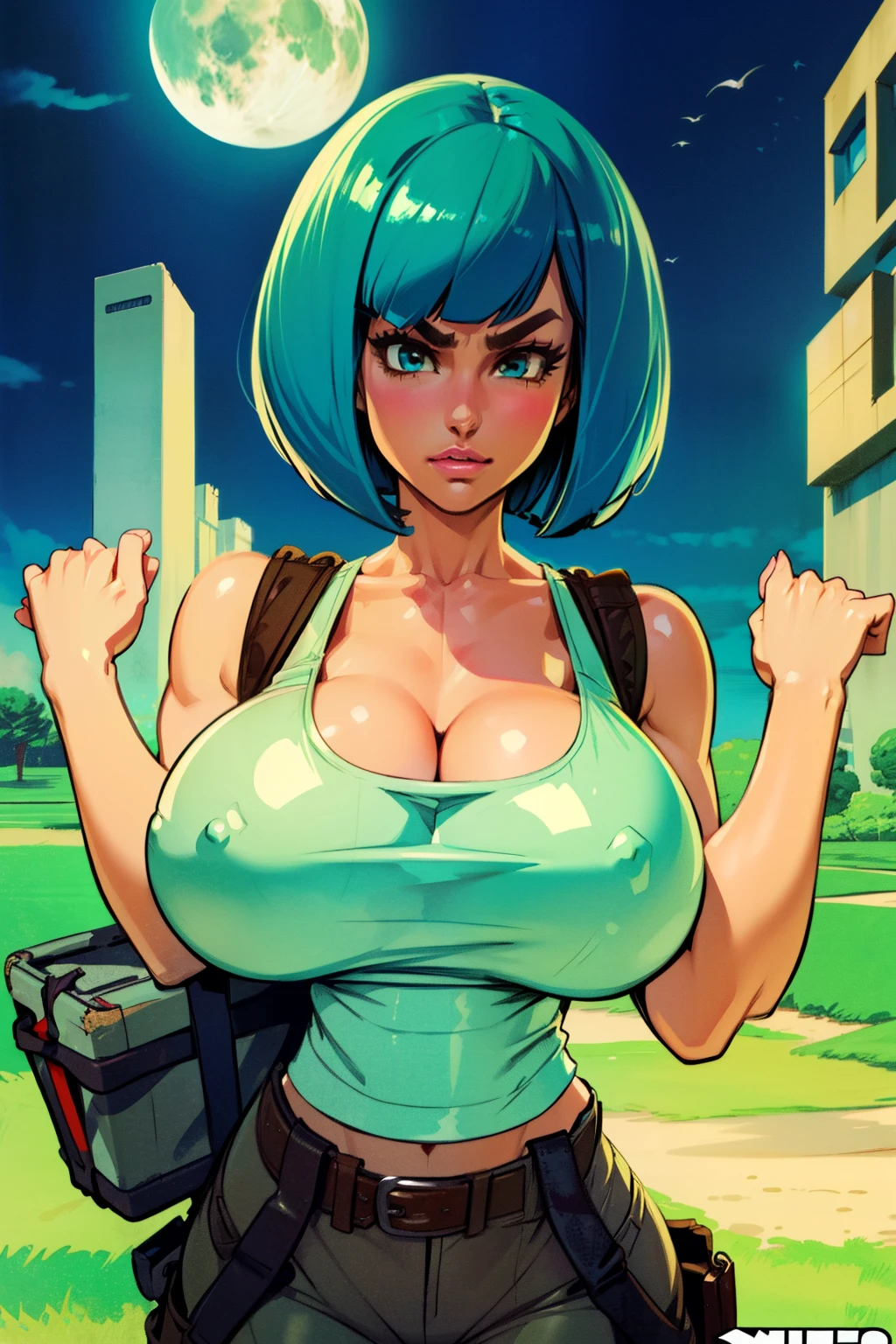 Waifu, masterpiece, curvy, breasts, moon, full moon, gloves, 1girl, clenched teeth, bulma, cleavage, large breasts, teeth, ((aqua hair)), ((white tank top:1.2)), blue eyes, rating:explicit,rule34, hardcore, tits,clenched hands, night, sky, ((brown cargo pants:1.4)),(white skin:1.4), bare shoulders, blue hair, clenched hand, rating:questionable, ((blunt bobcut:1.2)), belt, solo, angry, lip biting(gigantic and massive tits:1.1), breasts, official illustration, illustration, detailed face, beautiful intricate eyes, curvy milf, 1:2), closeup, titsnipples