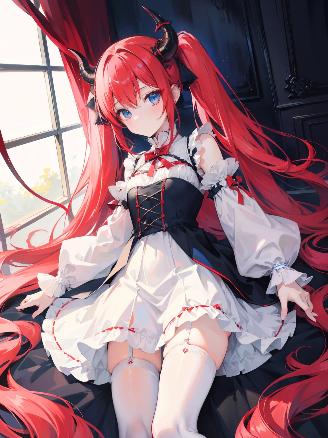 red hair,blue eyes,twintails, long hair, long sleeves, gothic, solo, loli,Short skirt, white stockings,{{best quality}}, {{masterpiece}}, {{ultra-detailed}}, {illustration}, {detailed light}, {an extremely delicate and beautiful},little girl,cute,dragon horns