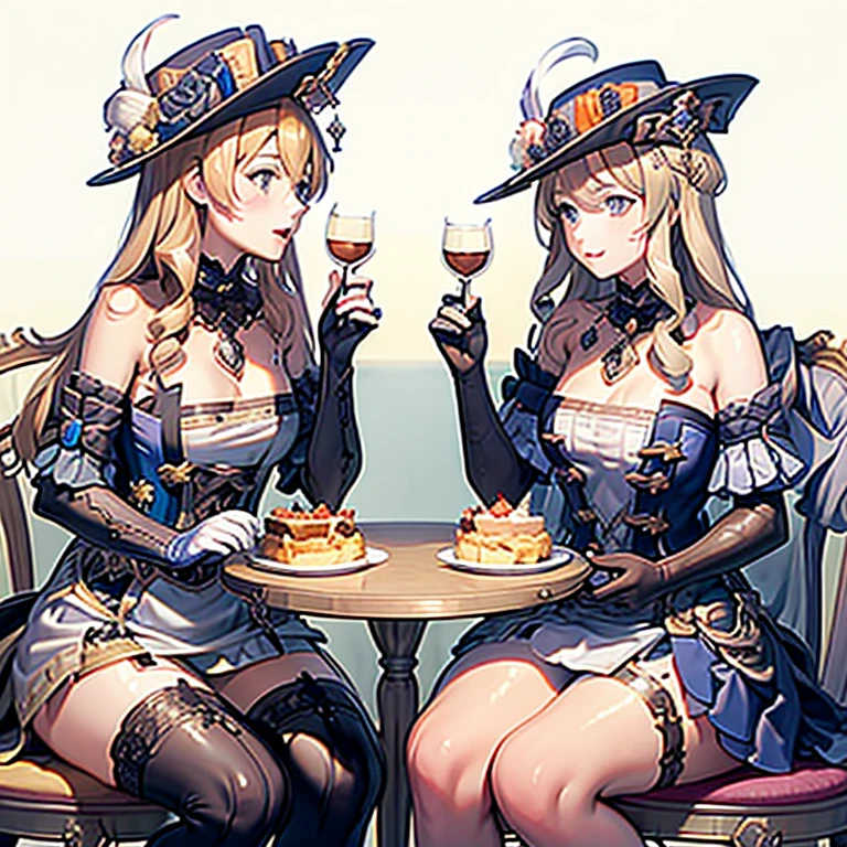 Masterpiece, Best Quality, 2girls, Klonde, Navia, sitting at a table, holding desserts in their hands