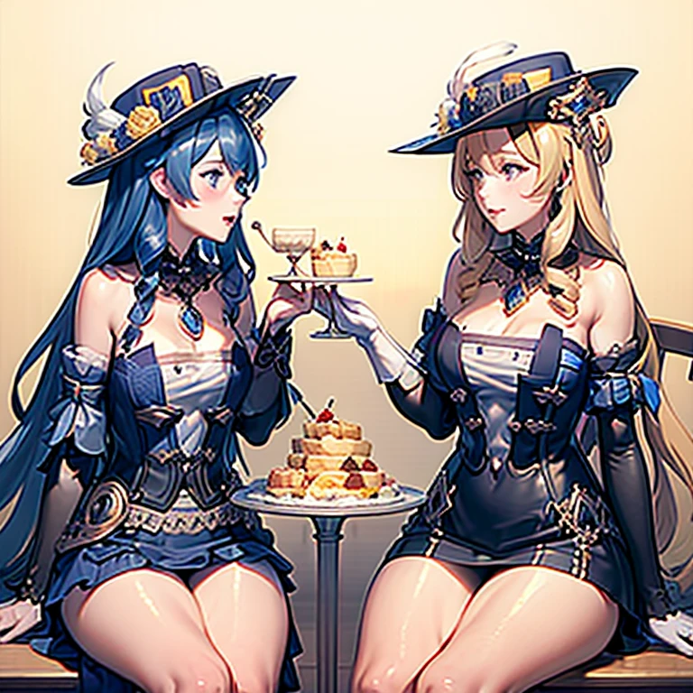 Masterpiece, Best Quality, 2girls, Klonde, Navia, sitting at a table, holding desserts in their hands