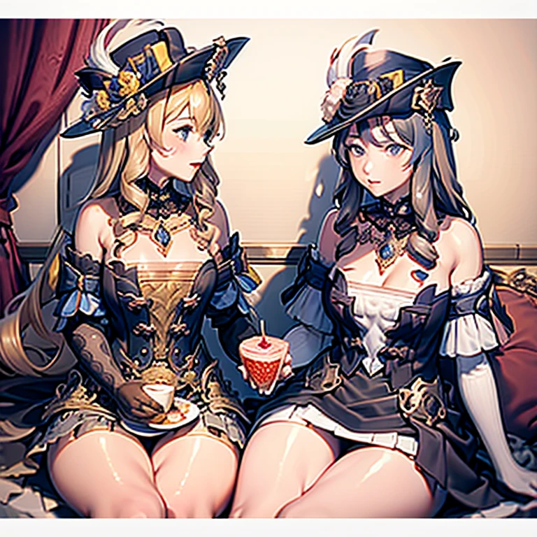 Masterpiece, Best Quality, 2girls, Klonde, Navia, sitting at a table, holding desserts in their hands