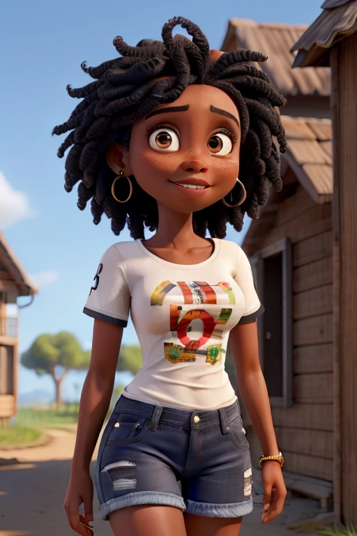 Uma morena com luzes no cabelo calca jeans, camiseta branca escrita minas uai com muita alegria e simpatia.