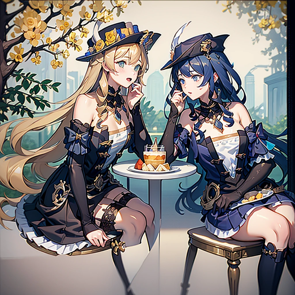 Masterpiece, Best Quality, 2girls, Klonde, Navia, sitting at a table, holding desserts in their hands