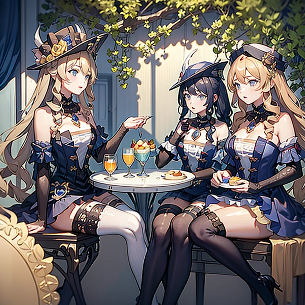 Masterpiece, Best Quality, 2girls, Klonde, Navia, sitting at a table, holding desserts in their hands