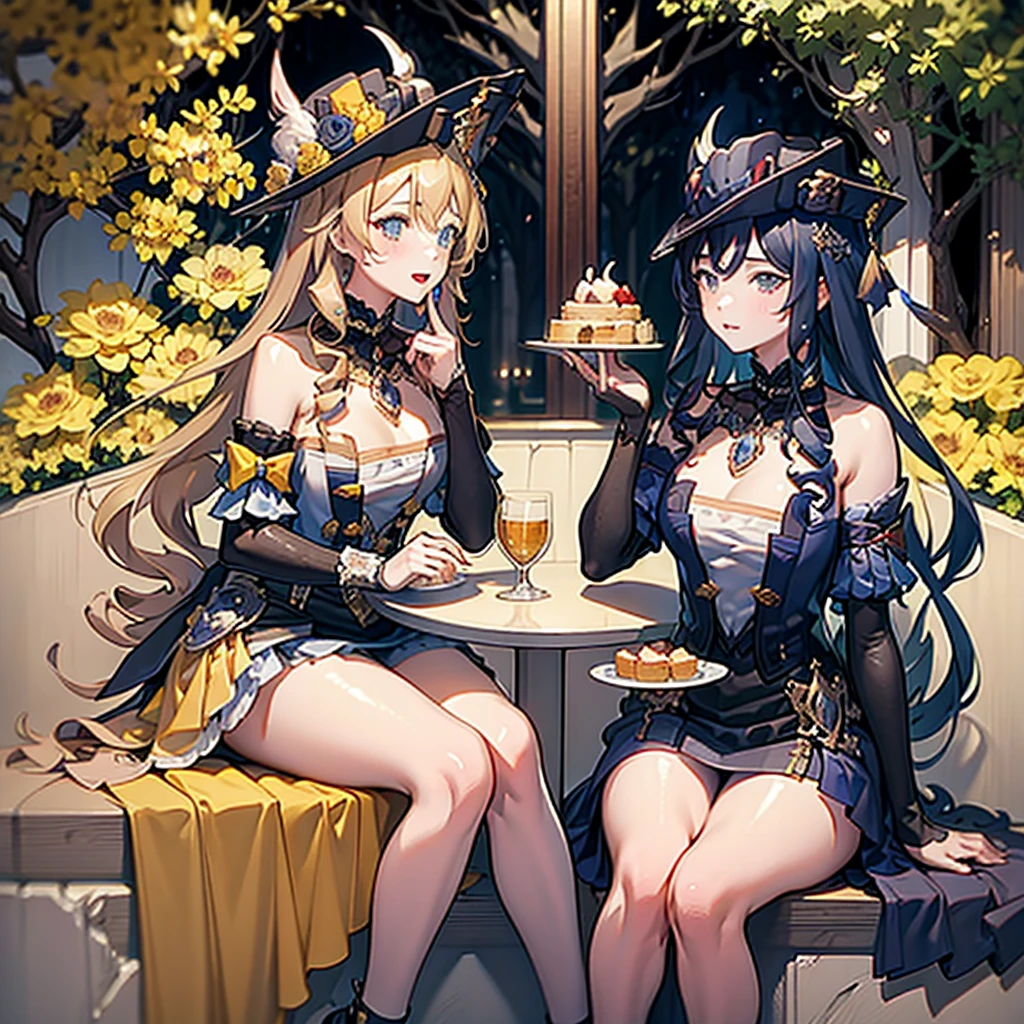 Masterpiece, Best Quality, 2girls, Klonde, Navia, sitting at a table, holding desserts in their hands