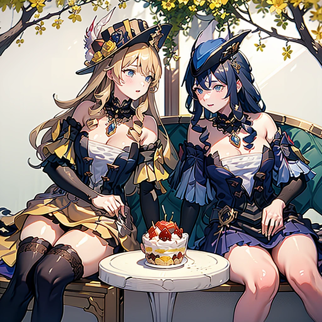 Masterpiece, Best Quality, 2girls, Klonde, Navia, sitting at a table, holding desserts in their hands