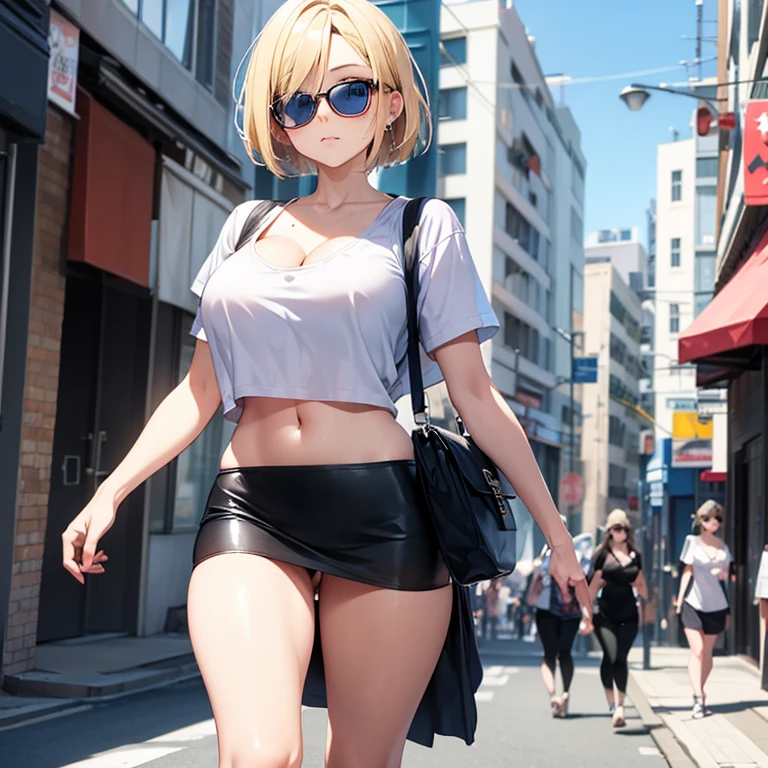 2D Anime Style、Blue eyes、breasts are slightly larger、A cool adult woman with short blonde hair is walking around the city with a cool expression, Wear tops that show cleavage, long court,short tight leather skirt,and sunglasses.