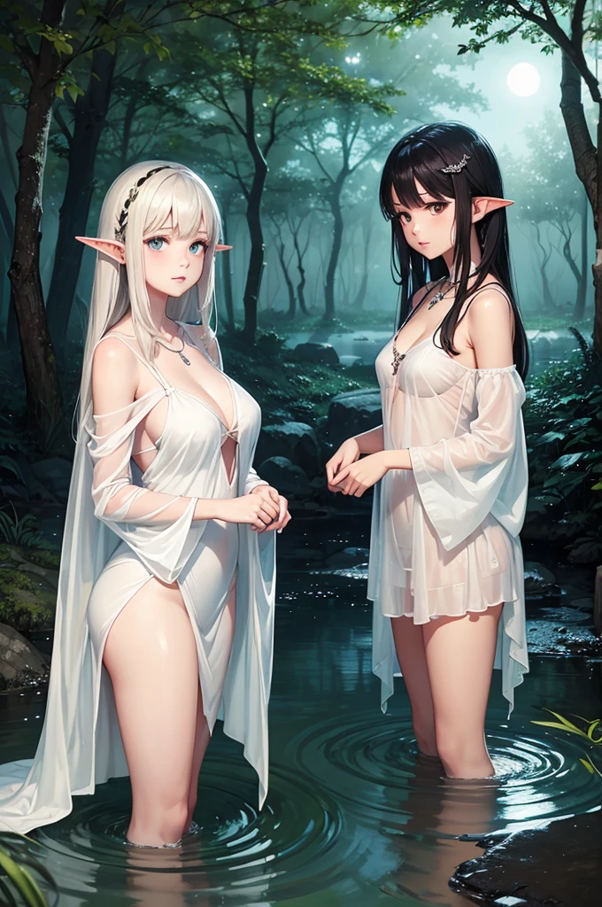 2 beautiful girls, standing in water, sheer clothing, white dress, beautiful face, beautiful eyes, night scene, forest, fireflies, full moon, pointed ears, necklace, beautiful scene, magical scene, fantasy, masterpiece, high quality, exposed breasts