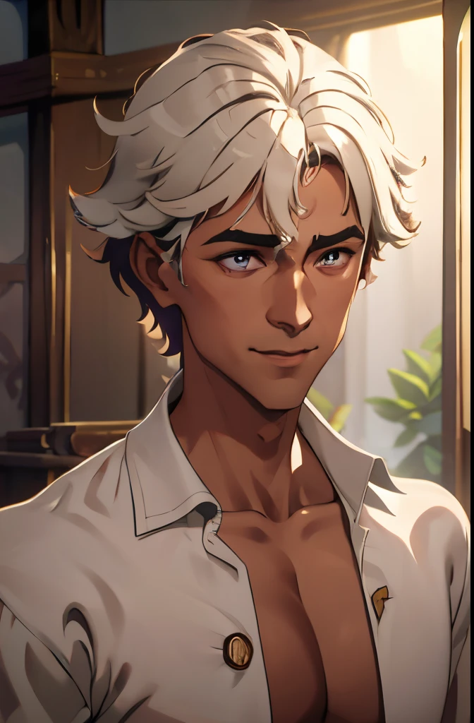 young man, open shirt, white shirt, tanned man, tan man, tanned skin, tan skin, white hair, bangs, curly hair, hair between eyes, messy hair, wavy hair, hair over one eye, very short hair, eyebrows behind hair, purple eyes, sanpaku, longeyelashes, smile, chin grab, doyagao, Art Nouveau, Ghibli-like colours, by Alfons Mucha, glowing light, god rays, reflection light, backlighting, cinematic lighting, anatomically correct, super detail, textured skin, award winning, highres, 1080P