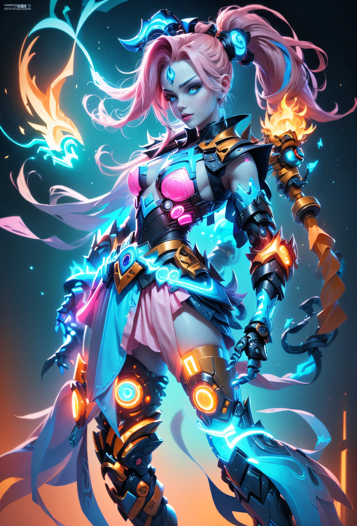 Jinx1024, Game character design,3D character rendering,(((Vector illustration style))),League of Legends Jinx,((1girl,(Blue double ponytail: 1.5),Blue braids,Red eyes,big laughter,future warrior,(Pink mechanical skirt: 1.3),(A luminous magazine is tied around the waist: 1.2),Decorated with luminous lines and rivets,With streamer effect or LED light embellishment,Hand holding laser cannon、Ion cannon or pulse cannon)),((hair design:Brilliant deep blue,Add some glowing elements,Futuristic headgear such as orange photoelectric glasses or head-mounted display)),((Expression design:Add some glowing lines or orange LED light effects to the facial decoration,Design different facial expressions,Highlight the image of future warriors)),(action design:On the move、When releasing a skill or attacking,Add some special effects and animations,Highlight the sense of future and combat),((Special effects design:Add cool orange light effects、Electromagnetic wave effect or virtual interface,Enhance the visual impact of skin)), (((standing on your feet,Metal heels: 1.8, Glowing lines or orange LED light effect))), (full body shot of: 1.5),jinx (league of legends),(starryskybackground,simplebackground))