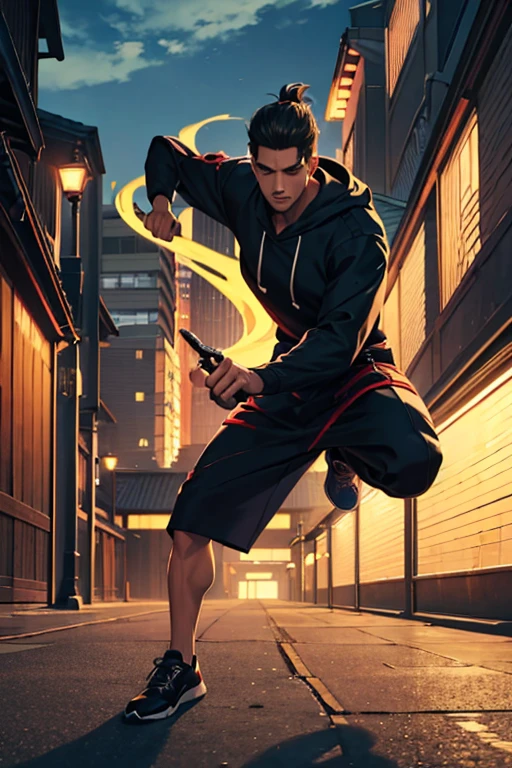 Convey the fusion of modern urban style with ancient martial prowess as a man in a hoody stands under a spotlight, his shadow evoking the spirit of a samurai.